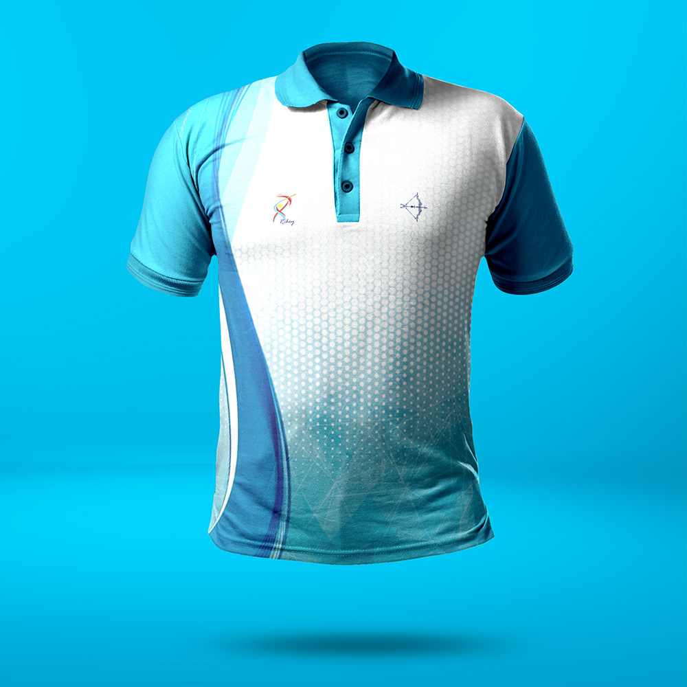 Blue wave colored sports jersey with archery logos